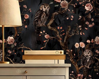 Black Gothic Mural with Owls,Dark Floral Wallpaper Peel and Stick,Mystic Flowers Bedroom Wall Decor,Moody Wall Art,Wizard Mural Removable