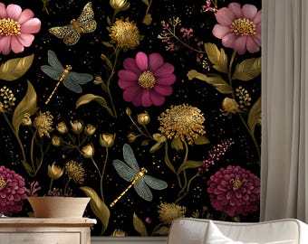 Black Floral Gothic Mural,Mystic Flowers & Dragonfly Wallpaper Peel and Stick,Moody Bedroom Wall Decor