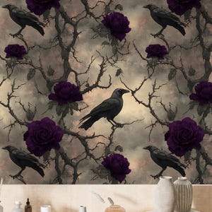 May include: Dark, moody wallpaper featuring a repeating pattern of black crows perched on bare, twisting branches. Deep purple roses bloom amidst the branches against a cloudy, sepia-toned background. The design evokes a gothic or Halloween theme.
