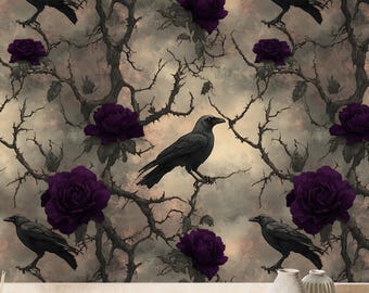 May include: Dark, moody wallpaper featuring a repeating pattern of black crows perched on bare, twisting branches. Deep purple roses bloom amidst the branches against a cloudy, sepia-toned background. The design evokes a gothic or Halloween theme.