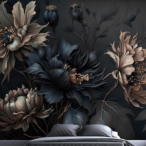 Dark Floral Wallpaper,Black Beige Flowers Mural Peel and Stick,Night Botanical Wall Decor,Vintage Garden Wall Art,Luxury Bedroom Wallpaper