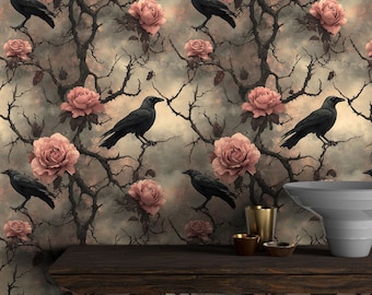 Dark Floral Wallpaper with Crows,Gothic Mural Peel and Stick,Botanical Moody Wall Decor,Pink Flowers Wall Art,Corvi Wallpaper,Bathroom Mural