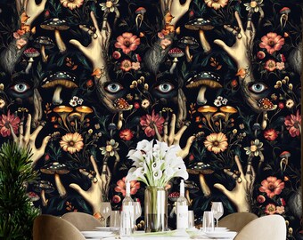 Gothic Skull & Peony Wallpaper: Dark Floral Peel and Stick Wall