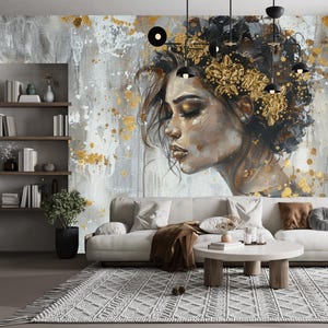 Abstract Woman Face Wallpaper Peel and Stick,Gray Gold Female Portrait Mural,Custom Luxury Fashion Wallpaper,Stunning Beauty Decor