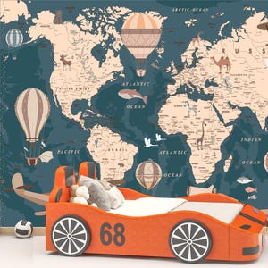 Carta da parati con mappa del mondo per bambini, murale educativo per bambini, stacca e attacca, decorazione murale con mongolfiere, murale con simpatici animali per la cameretta del bambino