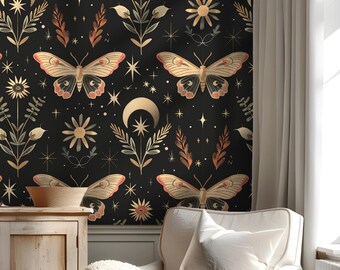 Dark Butterfly Wallpaper Peel and Stick,Black Botanical Mural,Forest Plants Moody Wall Decor