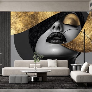 Abstract Female Portrait Wallpaper Peel and Stick,Black Gold Woman Mural,Beauty Fashion Wallpaper,Stunning Wall Decor,Hairdresser Mural