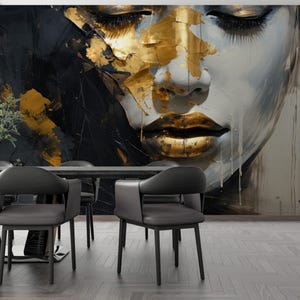 Black Gold Abstract Woman Face Wallpaper Peel and Stick,Female Portrait Mural,Custom Luxury Fashion Wallpaper,Stunning Spa Beauty Decor