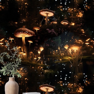 May include: A wooden bedside table with two drawers and a cross-shaped base. A vase with a leafy branch and a stack of books are on top of the table. The background is a dark forest scene with glowing mushrooms and stars.