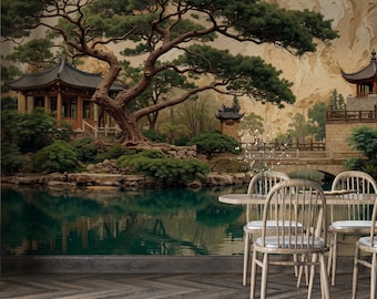 Papel pintado de paisaje chinoiserie, mural de flores de cerezo autoadhesivo, decoración de pared de pagoda china