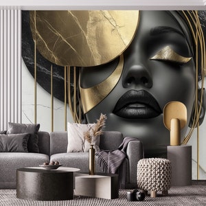 Carta da parati astratta con volto di donna, stacca e attacca, murale con ritratto femminile in oro nero, carta da parati di lusso personalizzata, decorazioni di bellezza mozzafiato