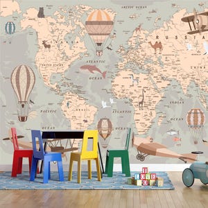 Papier peint carte du monde vintage pour enfants, décoration murale du continent, autocollante, décoration murale montgolfières, décoration murale animaux mignons pour chambre de bébé