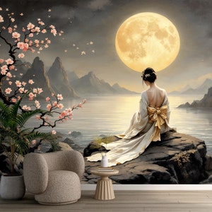Chinoiserie Night Landscape Wallpaper,Asian Geisha Mural,Cherry Blossom Wall Decor Peel and Stick,Chinese Wall Art,Rustic Scene Wallpaper