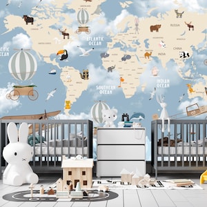 Carta da parati con mappa del mondo per bambini, murale educativo per bambini, stacca e attacca, decorazione murale con mongolfiere, murale con simpatici animali per la cameretta del bambino