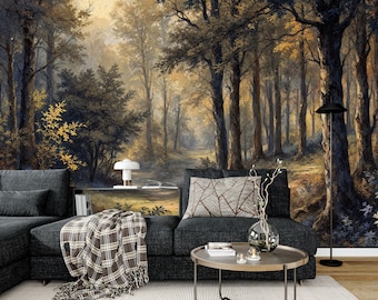 Neutral Landscape Wallpaper,Vintage Forest Mural Peel and Stick,Pastoral Scenic Wall Decor,Modern Oil Painting Trees Mural,Medieval Mural