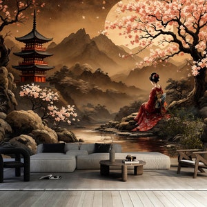 Vintage Chinoiserie Landscape Wallpaper,Pagoda Mural,Asian Geisha Wall Decor,Chinese Wall Art,Ancient Wallpaper with Blossoms,Rustic Scene