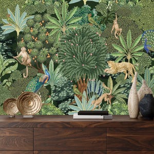 May include: A dark green jungle wallpaper with a variety of animals and plants. The wallpaper features peacocks, monkeys, a leopard, and parrots. The wallpaper is set against a dark green background and has a vintage feel.