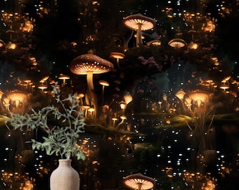 May include: A wooden nightstand with two drawers and a cross-shaped base. A vase with a leafy branch and a stack of books are on top of the nightstand. The background is a dark forest scene with glowing mushrooms and stars.