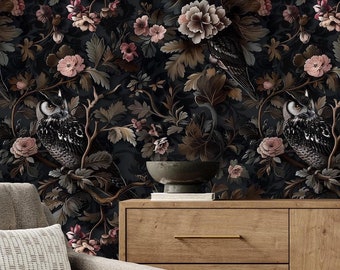 Black Gothic Mural with Owls Peel and Stick,Dark Floral Mural,Mystic Bathroom Wall Decor,Peony Flowers Wall Decor,Magic Forest Mural