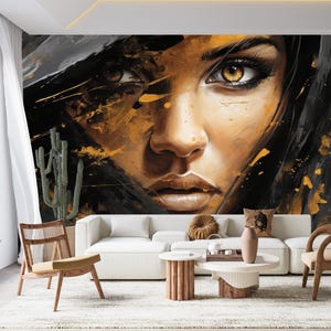 Abstract Black Gold Woman Wallpaper Peel and Stick,Female Portrait Mural,Luxury Fashion Wallpaper,Stunning Beauty Decor,Dark Elegant Mural