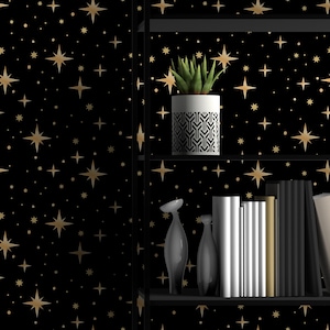 Carta da parati celeste scura con cielo notturno dorato, decorazione da parete cosmica con stelle, arte da parete con notte stellata staccabile e adesiva, carta da parati nera, carta da parati per soffitti