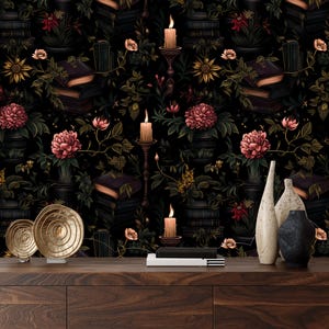 Murale gotico nero con fiori, carta da parati floreale scura staccabile e attaccabile, decorazione da parete mistica per camera da letto, arte murale suggestiva con candele, carta da parati con mago