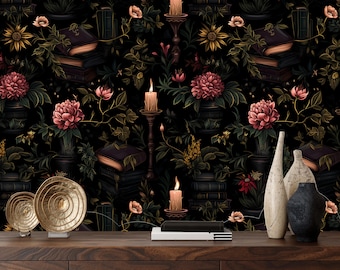 Black Gothic Mural with Flowers,Dark Floral Wallpaper Peel and Stick,Mystic Bedroom Wall Decor,Moody Wall Art with Candles,Wizard Wallpaper