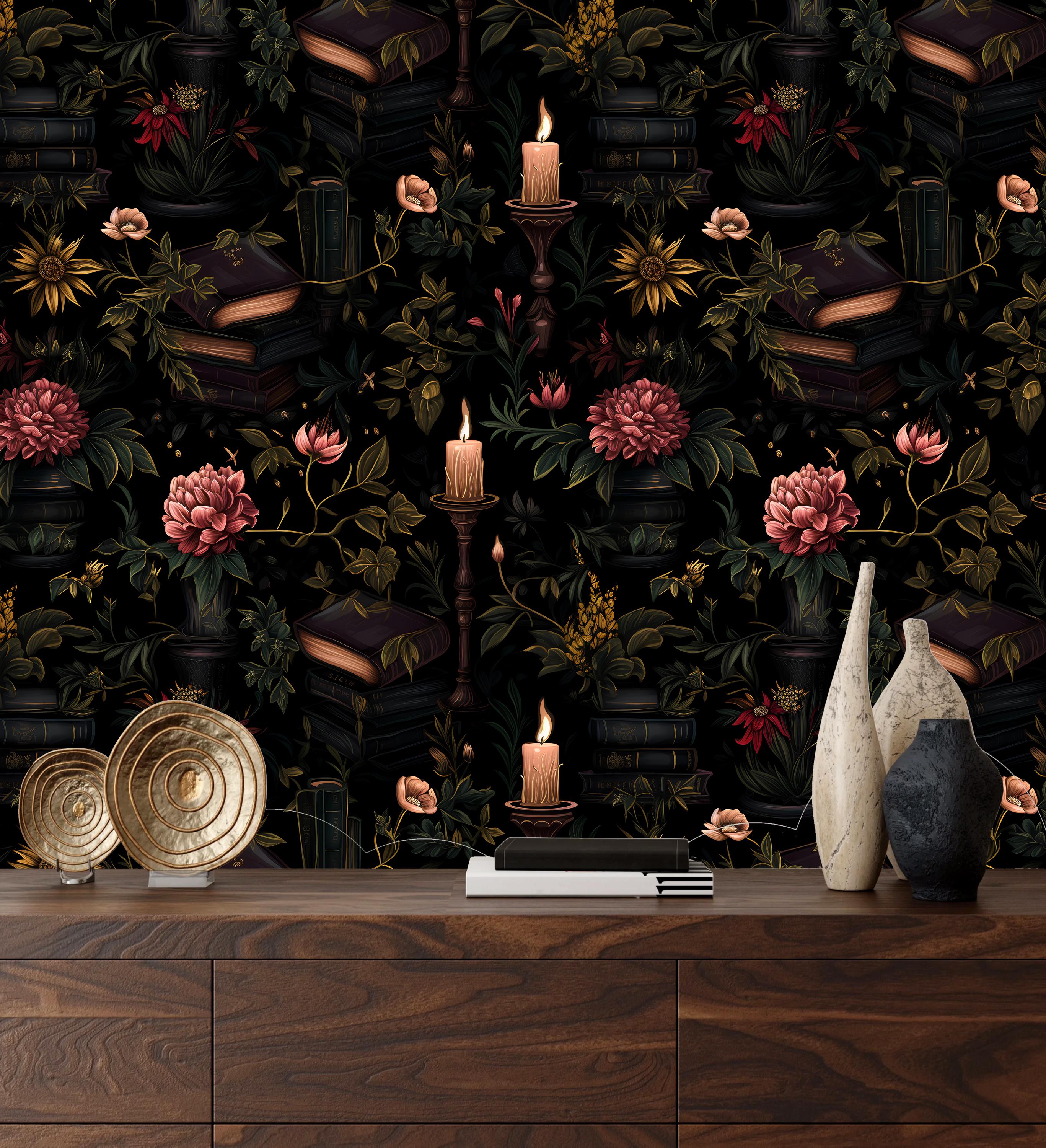 Black Gothic Mural With Flowers,dark Floral Wallpaper Peel and Stick ...