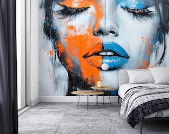 Abstract Woman Face Wallpaper Peel and Stick, Gray Oil Painting Female Portrait Mural,Custom Luxury Fashion Wallpaper,Stunning Beauty Decor