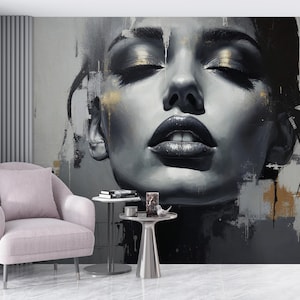 Abstract Woman Face Wallpaper Peel and Stick,Black Gold Female Portrait Mural,Custom Luxury Fashion Wallpaper,Stunning Beauty Decor