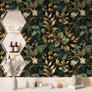 Green Neutral Leaf Pattern Wallpaper,Gold Leaves Mural Peel and Stick,Botanical Bathroom Wall Decor,Temporary Bedroom Wall Art