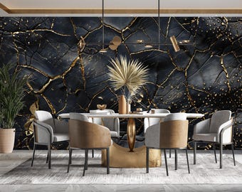 Schwarz Gold gerissenes Wandbild, texturierte Tapete aus dunklem Beton, Steinwanddekor