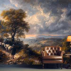 Vintage Rural Landscape Wallpaper,Pastoral Mural Peel and Stick,Scenic View Wall Decor,Modern Oil Painting Trees Mural,Rustic Medieval Mural