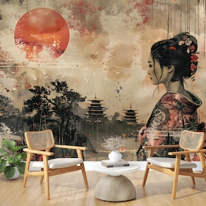Vintage Chinoiserie Landscape Wallpaper,Asian Geisha Mural,Cherry Blossom Wall Decor Peel and Stick,Chinese Wall Art,Rustic Scene Wallpaper