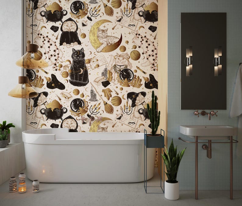 May include: A contemporary bathroom featuring a white bathtub and a wallpaper with a pattern of cats, moons, and celestial motifs. The room includes a mirror, sink, and plants, creating a whimsical and stylish space.
