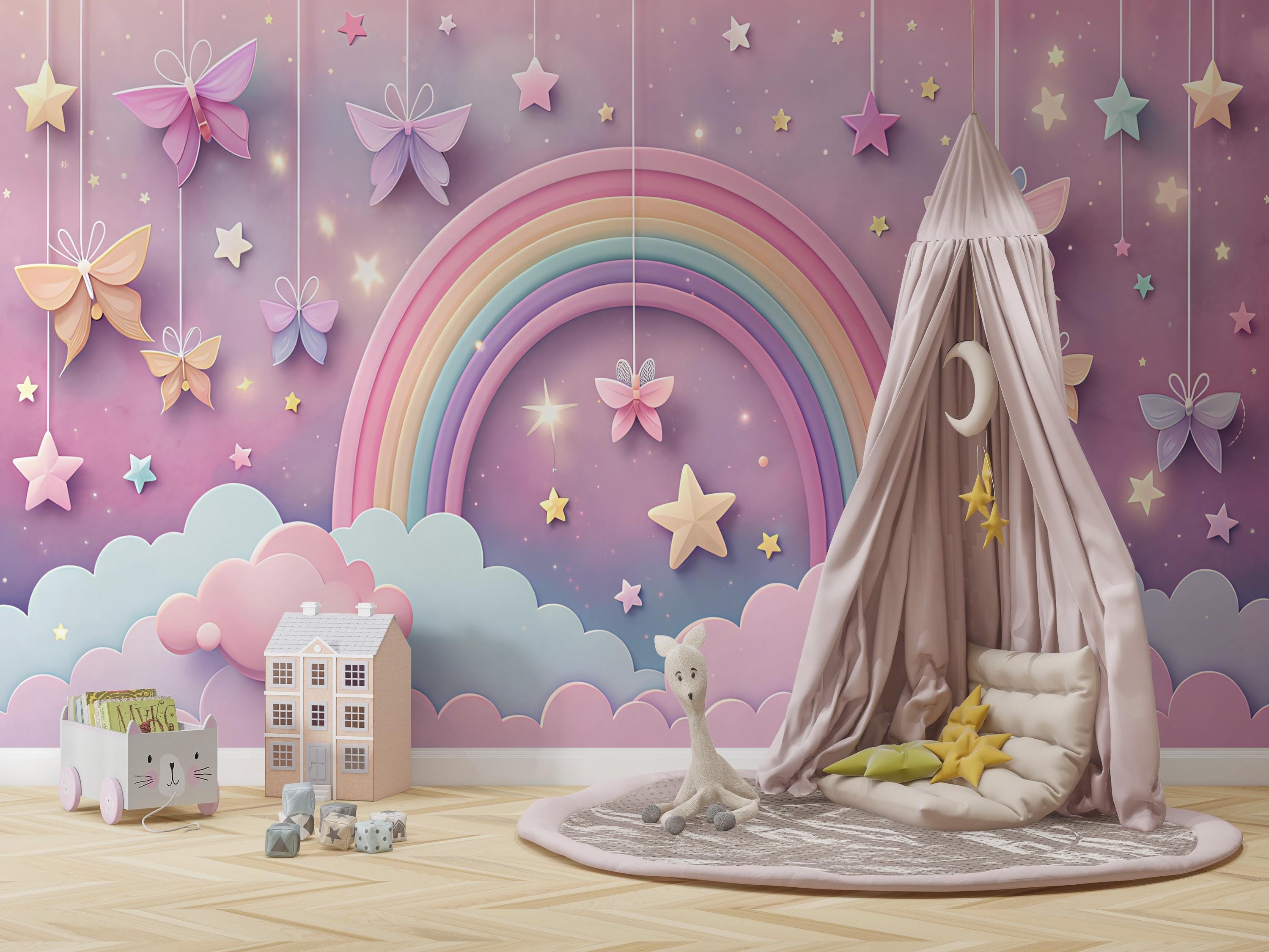 Cute Clouds Wallpaper for Kids,rainbow Mural Peel and Stick,pastel Pink ...