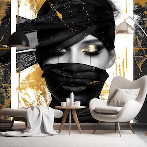 Abstract Black Gold Woman Wallpaper Peel and Stick,Female Portrait Mural,Luxury Fashion Wallpaper,Stunning Beauty Decor,Dark Elegant Mural
