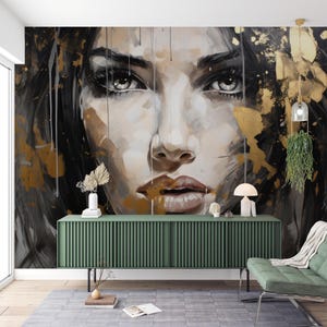 Black Gold Abstract Woman Face Wallpaper Peel and Stick,Surreal Female Portrait Mural,Custom Luxury Fashion Wall Art,Spa Beauty Wall Decor