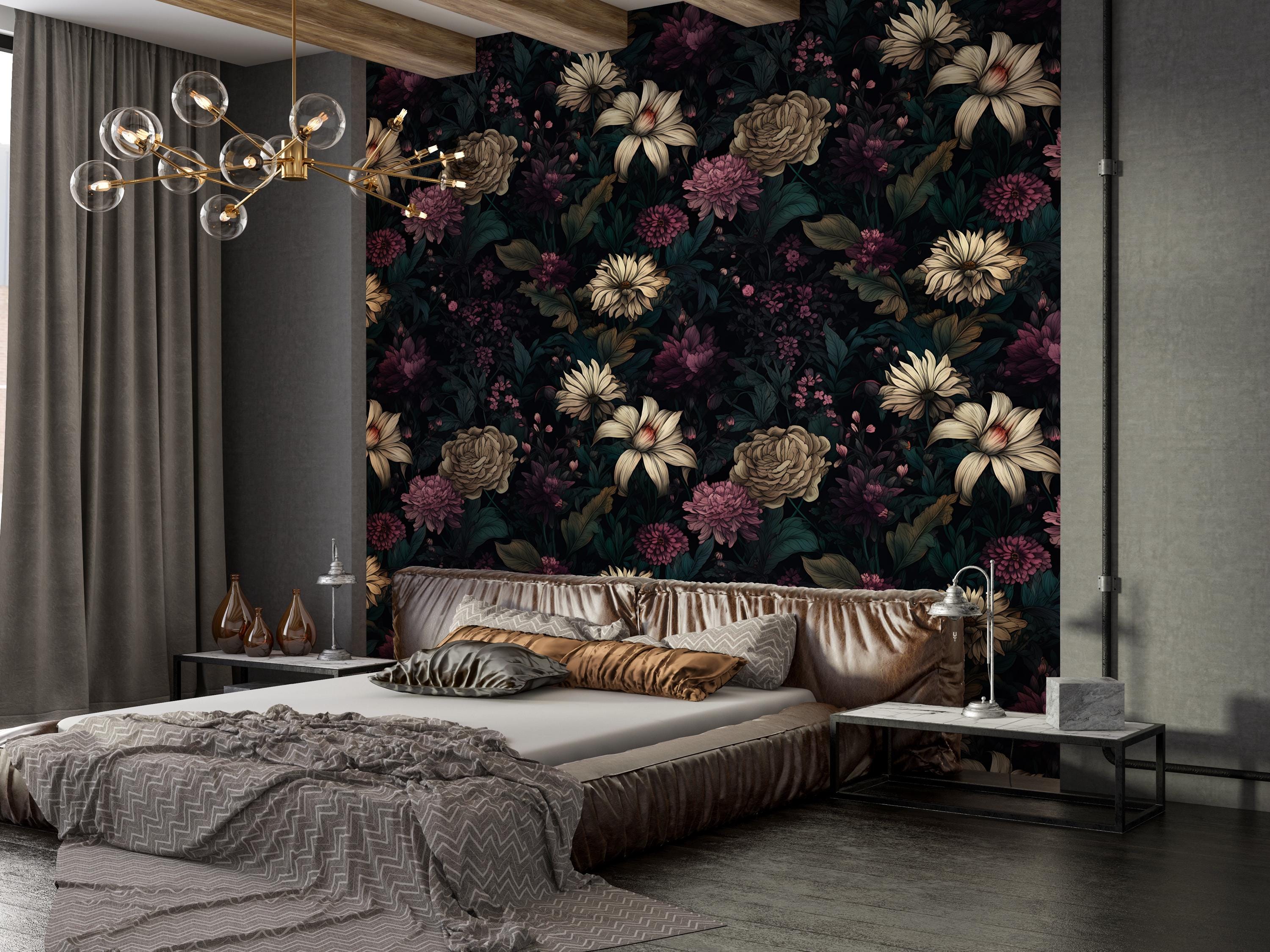 Black Gothic Mural With Flowers,dark Floral Wallpaper Peel and Stick ...