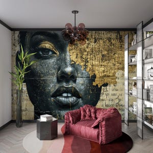 Abstract Woman Face Wallpaper Peel and Stick,Black Gold Female Portrait Mural,Custom Luxury Fashion Wallpaper,Stunning Beauty Decor