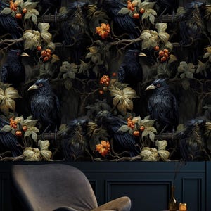 May include: Dark wallpaper featuring a repeating pattern of black crows perched on branches amidst foliage. The design includes orange berries and flowers, creating a gothic and nature-inspired aesthetic. The background is a dark, moody color.