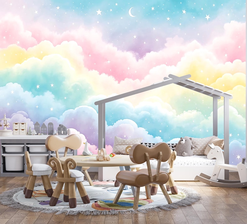 Colorful Sky Wallpaper for Kids,soft Color Clouds Mural Peel and Stick ...