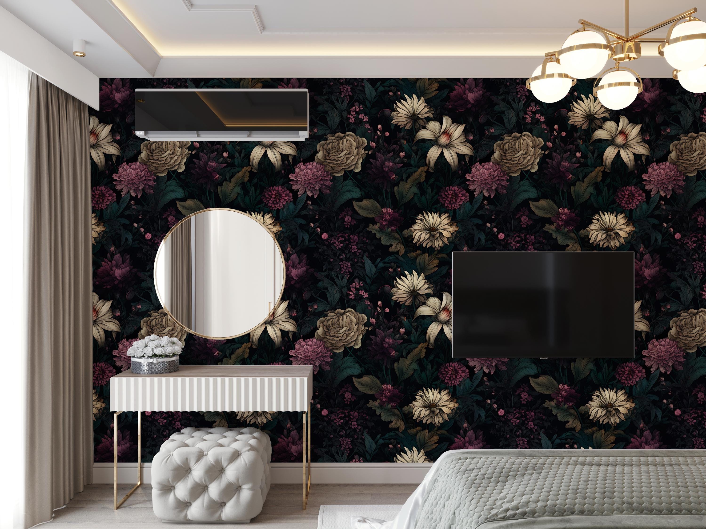 Black Gothic Mural With Flowers,dark Floral Wallpaper Peel and Stick ...