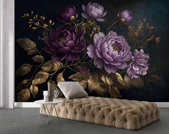 May include: A large floral wall mural featuring purple peonies and gold-colored leaves against a dark background. The image includes a tufted ottoman, a small side table, and a decorative pillow, creating a luxurious and artistic interior design.