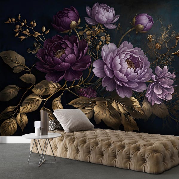 Dark Floral Wallpaper,Purple Gold Peony Flowers Mural Peel and Stick,Luxury Bedroom Mural