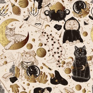 May include: A repeating pattern showcasing cats in a magical theme. The design incorporates moons, planets, stars, cauldrons, candles, and books, in gold, black, and cream tones. The overall aesthetic is whimsical and mystical.
