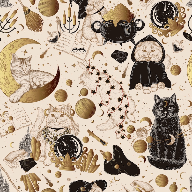 May include: A repeating pattern showcasing cats in a magical theme. The design incorporates moons, planets, stars, cauldrons, candles, and books, in gold, black, and cream tones. The overall aesthetic is whimsical and mystical.