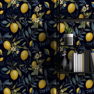 Dark Botanical Wallpaper with Lemons,Neutral Vintage Mural,Farmhouse Wall Decor,Navy Herbs Wall Art,Rustic Seamless Lemon Flowers Mural