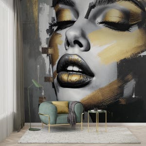 Abstract Woman Face Wallpaper Peel and Stick,Black Gold Female Portrait Mural,Custom Luxury Fashion Wallpaper,Stunning Beauty Decor