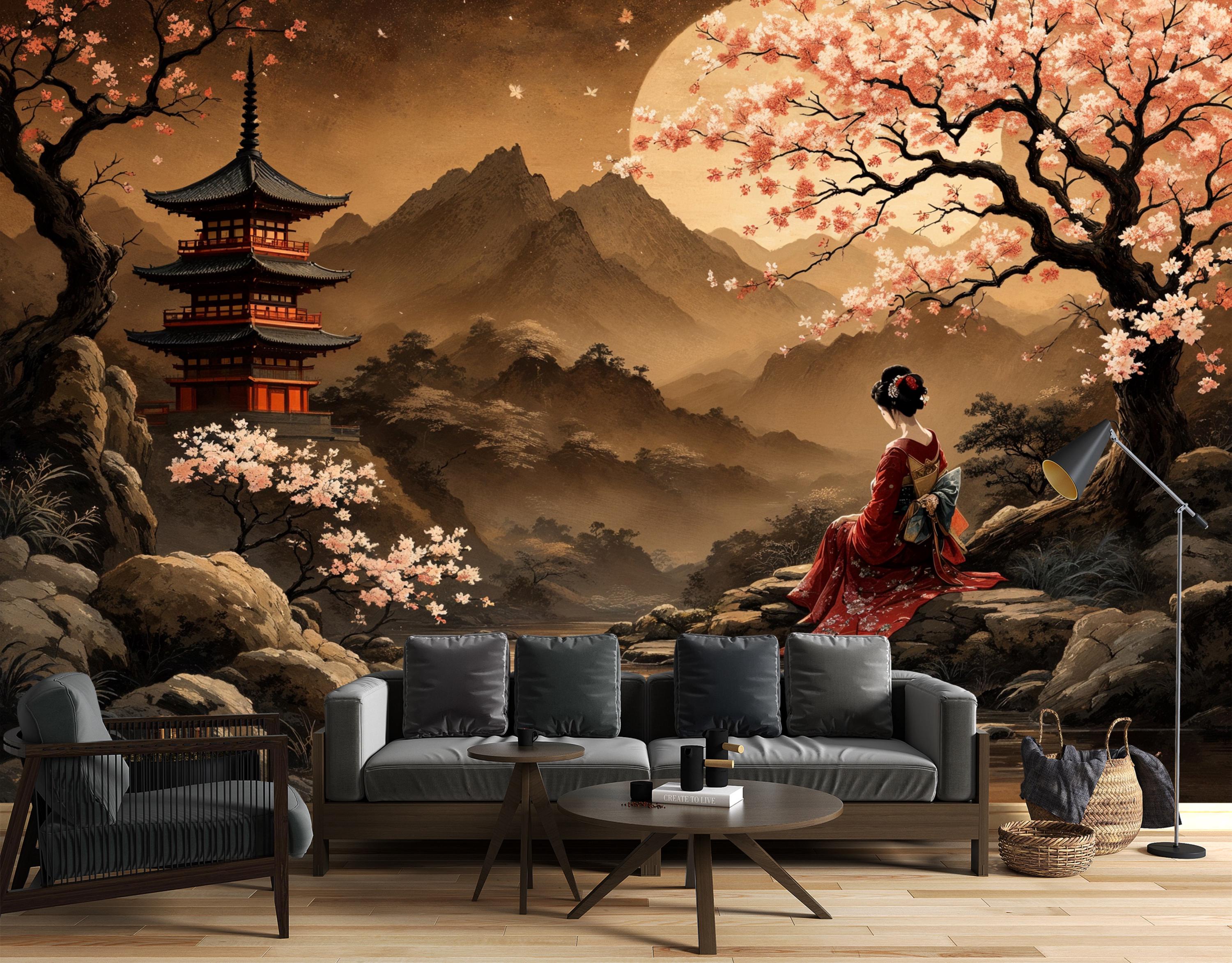 Vintage Chinoiserie Landscape Wallpaper,pagoda Mural,asian Geisha